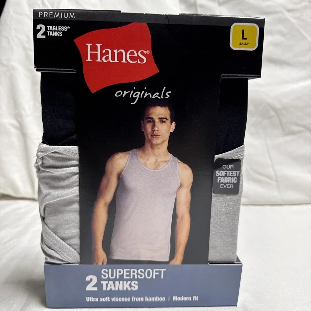 Hanes Tank Top/Undershirts Super Soft Black/Gray 2-Pk Mens Size Large 42